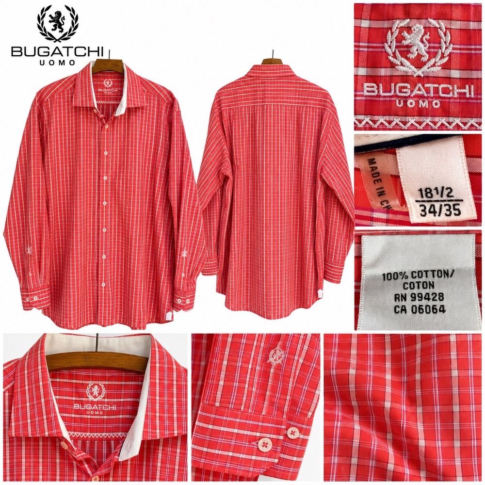 Bugatchi Uomo Mens 18.5 34/35 Salmon Plaid Cotton Button Down Shirt Long Sleeve